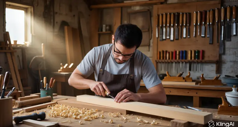 Charpentier travaillant le bois au ciseau dans un atelier avec outils traditionnels