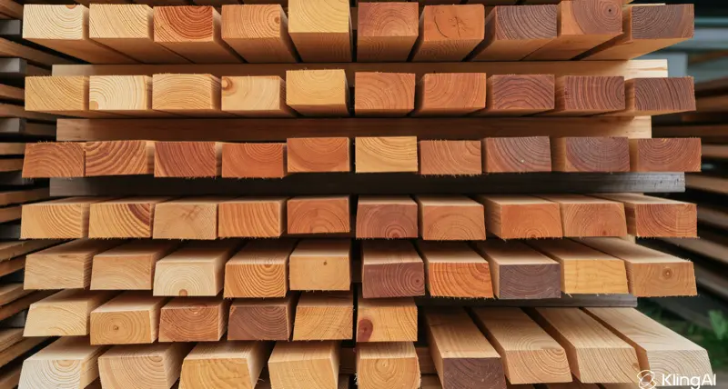 Sections de differentes essences de bois de charpente empilees sur un rack
