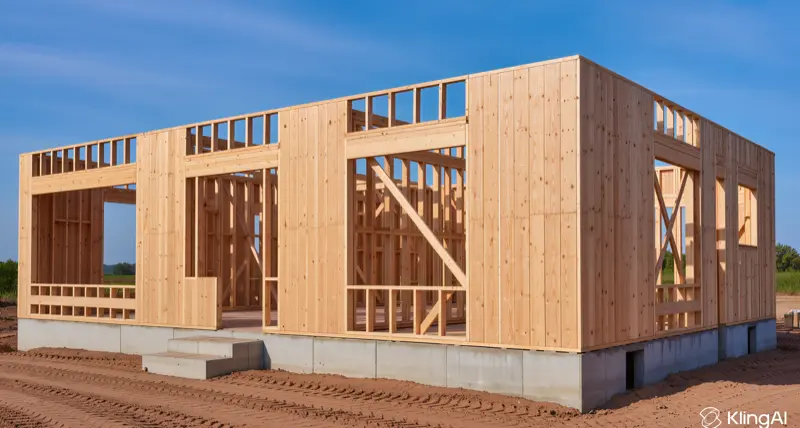 Maison a ossature bois en construction avec murs et contreventement visibles