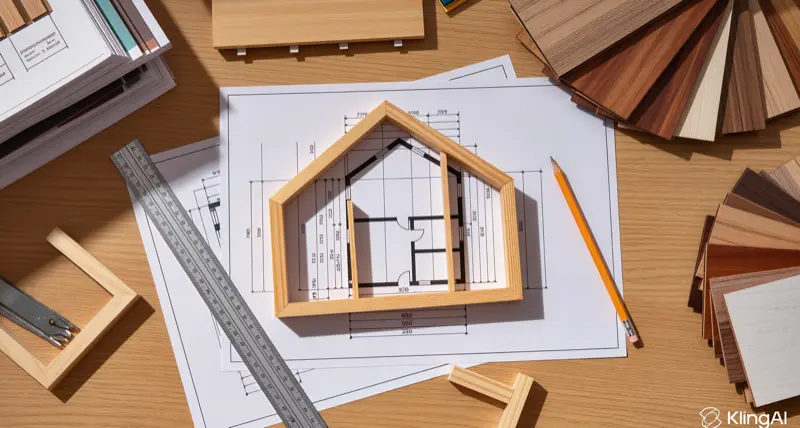 Plans architecturaux et maquette bois avec echantillons d'essences sur bureau