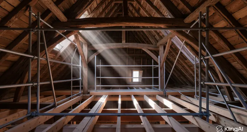 Charpente ancienne en restauration avec echafaudage et rayons de lumiere