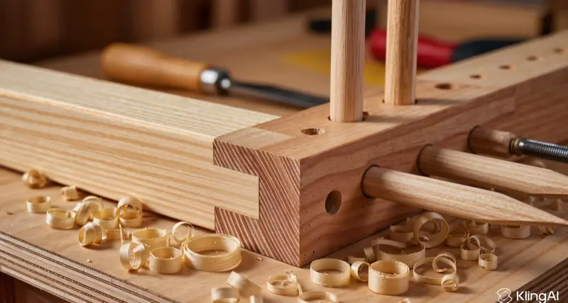 Assemblage tenon-mortaise en bois massif avec copeaux et outils de charpentier